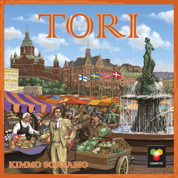 Cover art of the game "Tori" depicting a bustling market scene with various stalls, a fountain, people selling goods, and historical buildings in the background.