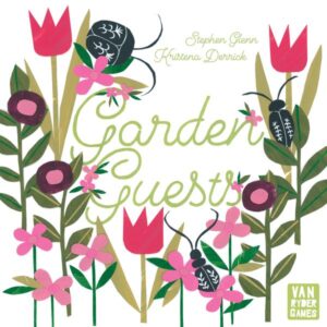 Illustration of a colorful garden with various flowers and leaves, featuring stylized beetles and insects with decorative patterns on their bodies. The image includes the text "Garden Quest" in elegant, script typography, with the names "Stephen Glenn" and "Kristen Derrick" underneath.
