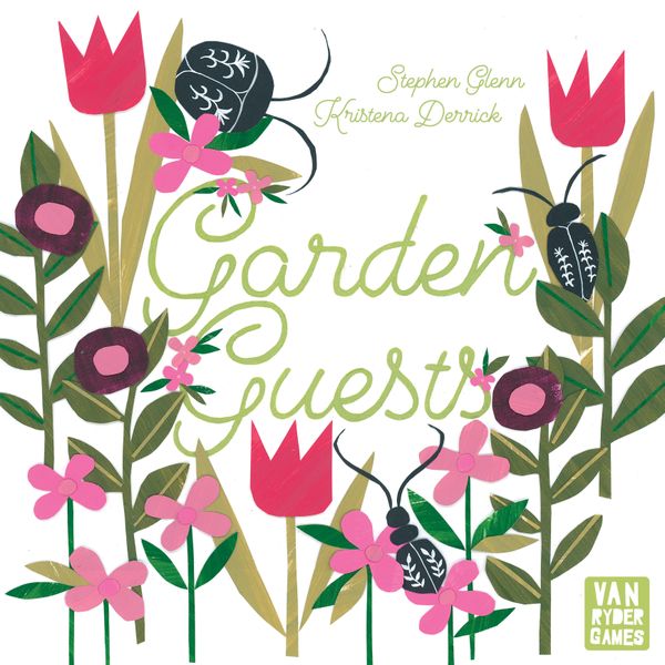 Illustration of a colorful garden with various flowers and leaves, featuring stylized beetles and insects with decorative patterns on their bodies. The image includes the text "Garden Quest" in elegant, script typography, with the names "Stephen Glenn" and "Kristen Derrick" underneath.