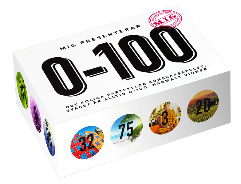 Board game box labeled "0-100" featuring various colorful images including numbers and scenes, such as a cityscape and beach, on its sides.