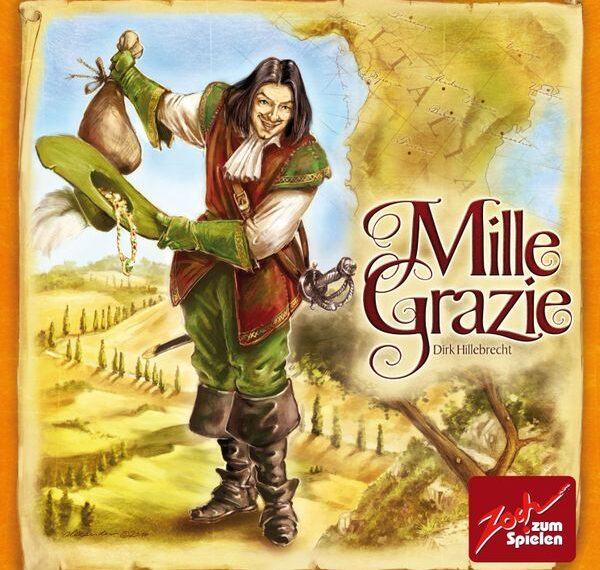 Illustration of a smiling man in Renaissance clothing holding a bag of coins and a chain, with a map and rural landscape in the background, for the game "Mille Grazie" by Dirk Hillebrecht.