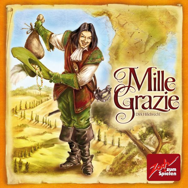 Illustration of a smiling man in Renaissance clothing holding a bag of coins and a chain, with a map and rural landscape in the background, for the game "Mille Grazie" by Dirk Hillebrecht.