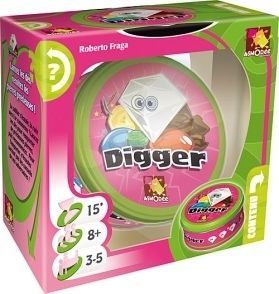 Board game "Digger" in a colorful pink and green box displaying a cartoon eye character, suitable for ages 8+ and designed for 3-5 players. The game is designed by Roberto Fraga and produced by Asmodee.
