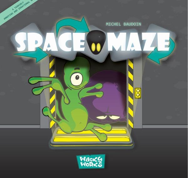 Cover of the board game "Space Maze" by Michel Baudoin, featuring a cartoon green alien emerging from a door with a yellow and black caution border, alongside a purple alien. The background has arrows and the logo "Wacky Works".